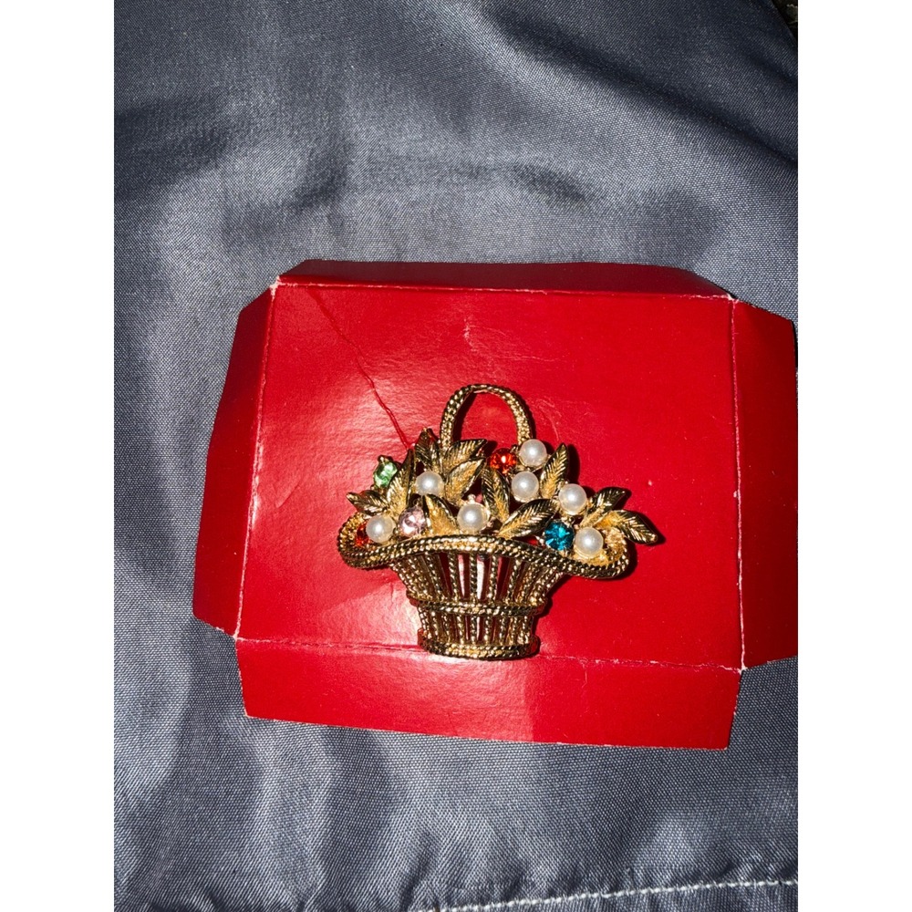 Vintage Gold Tone Flower Basket Brooch Multi Color Rhinestone Faux Pearl Pin